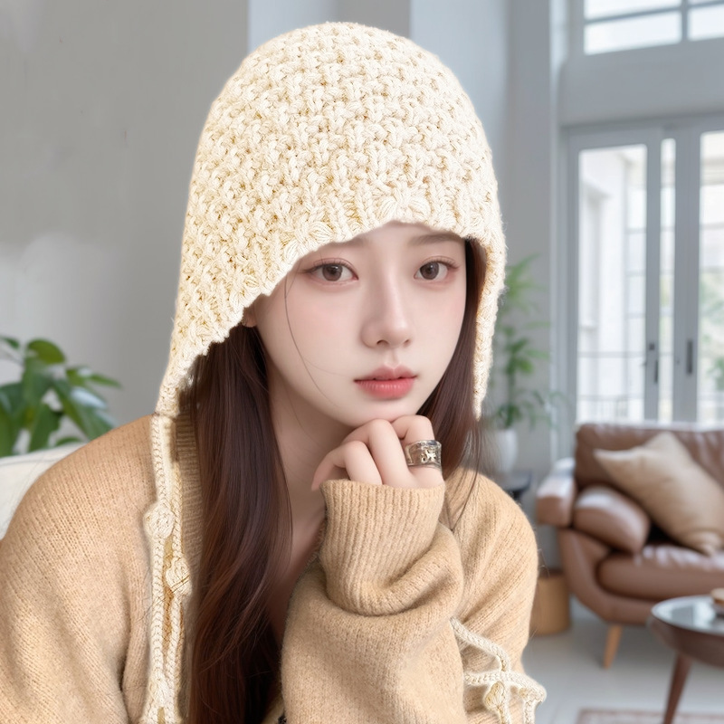 秋冬红色帽子女时尚保暖镂空包头护耳帽显脸小手工针织流苏毛线帽|undefined