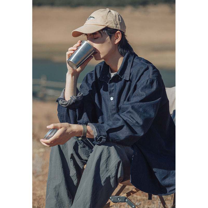 Camisa de Mezclilla de Manga Larga Estilo Montaña Retro para Hombre Hanlu, Camisa Informal Holgada y Versátil de Primavera para Hombre, Chaqueta Camisa Lavada