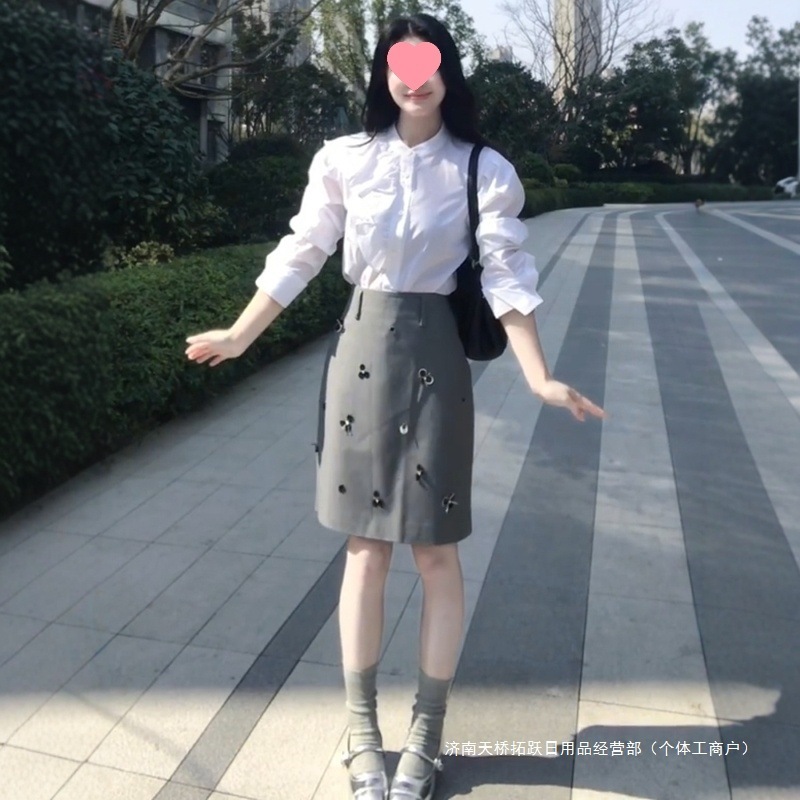 跨境灰色钉珠亮片西装半身裙女夏季直筒裙气质修身裙子轻奢通勤短|undefined