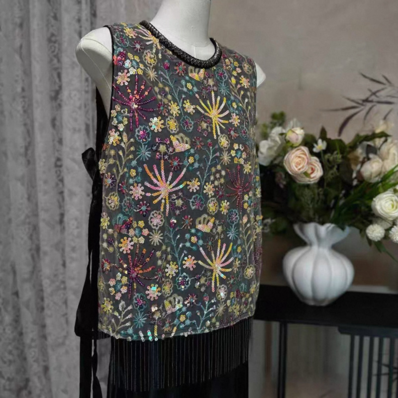 重工彩色珠管亮片刺绣奢华网纱蕾丝时装布料出口欧美婚纱礼服面料