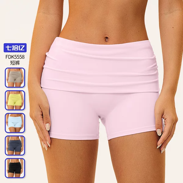 Cross-Border European and American Yoga Shorts with Fold-Over Waistband, Butt-Lifting, High-End Feel, Shorts for Fitness, Running, Cycling, Yoga Pants 5558