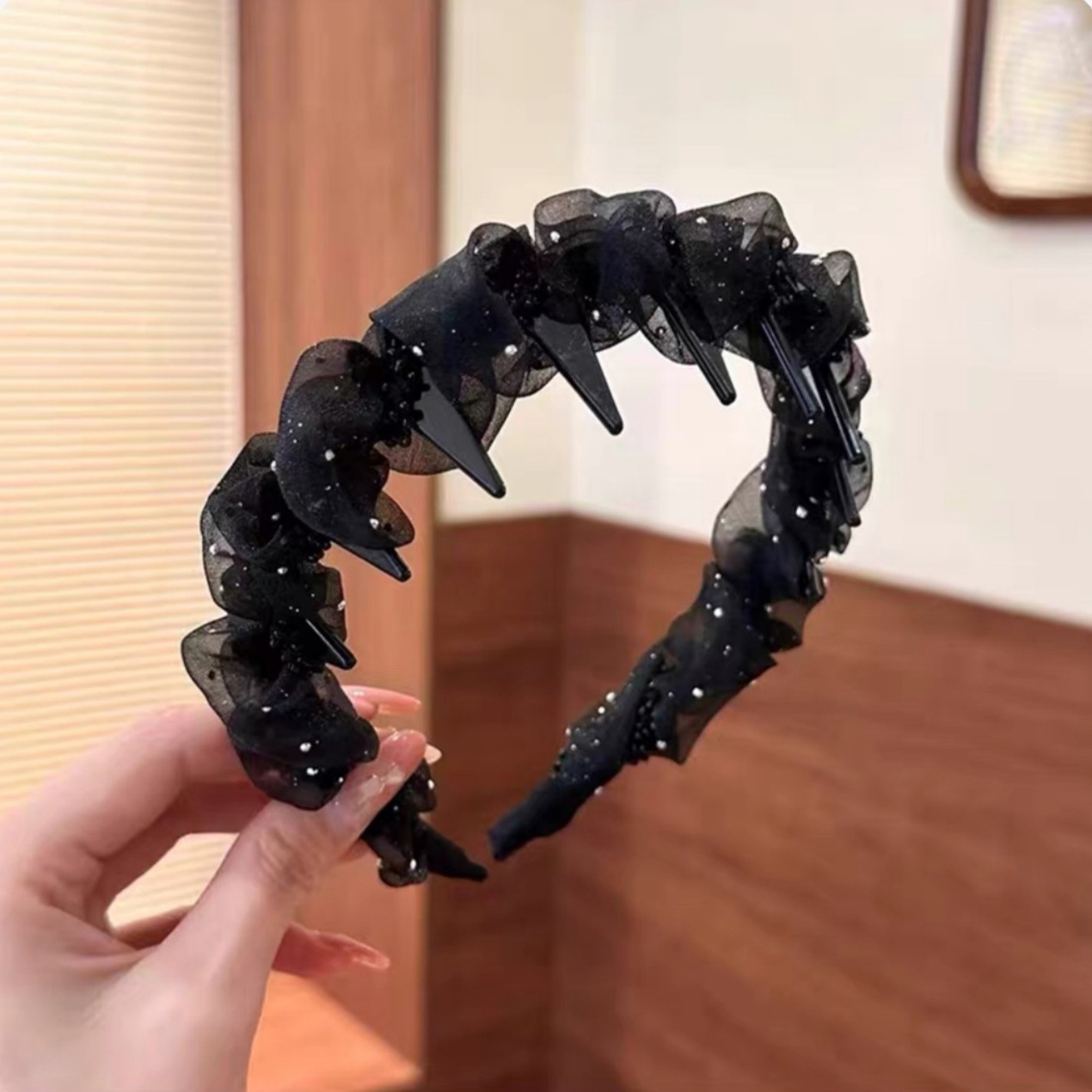 37#Black mesh hotfix rhinestone wave
