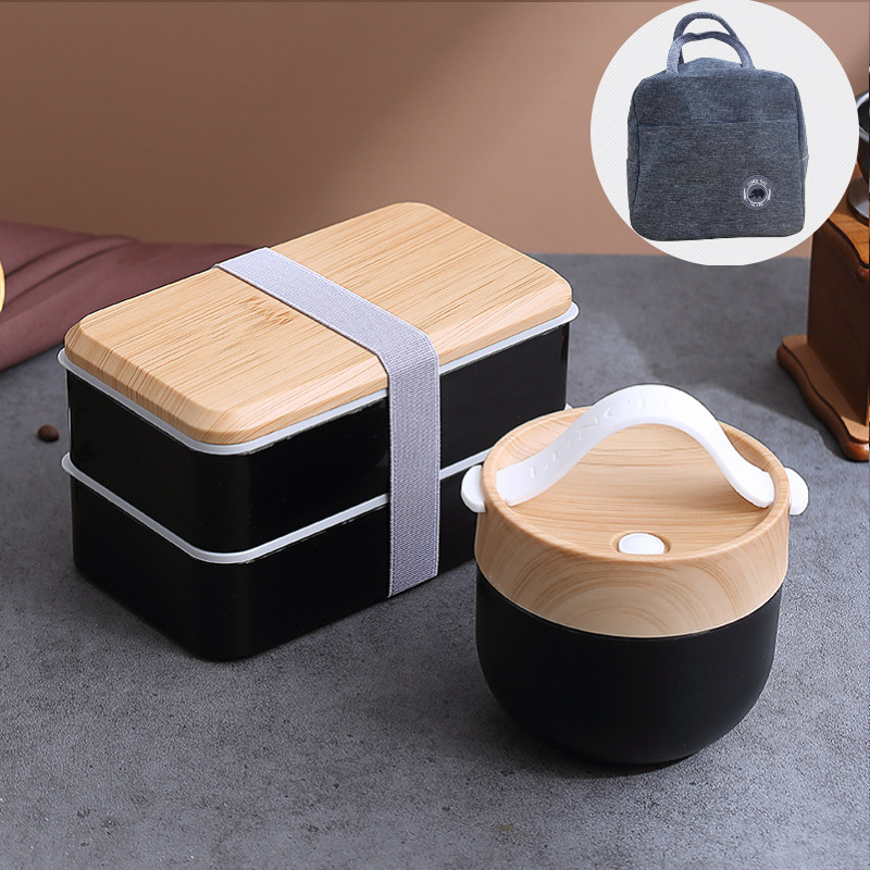 Caja de almuerzo de grano de madera traje de oficina chica estudiante caja de almuerzo portátil con tenedor cuchara en stock al por mayor horno de microondas