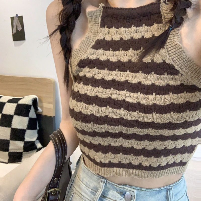 American Style Retro Striped Sexy Vest Women's Summer New Hanging Neck Belt Spice Girl Sling Short Casual Sleeveless Top