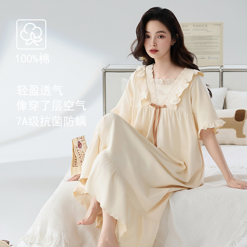 クラス A 抗菌ナイトガウン女性の夏の純粋な綿の半袖ドレスロングプラスサイズは外で着用できます女性のための綿のパジャマ|undefined