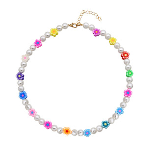 Colorful soft pottery small flower pearl necklace beach wind handmade beaded flower necklace temperament clavicle chain jewelry