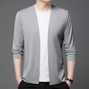 2024 Spring and Autumn New Traceless Casual Cardigan Men's Solid Color Jacket Young and Middle-aged Fashionable Breathable Air-conditioning Shirt for Outer Wear
