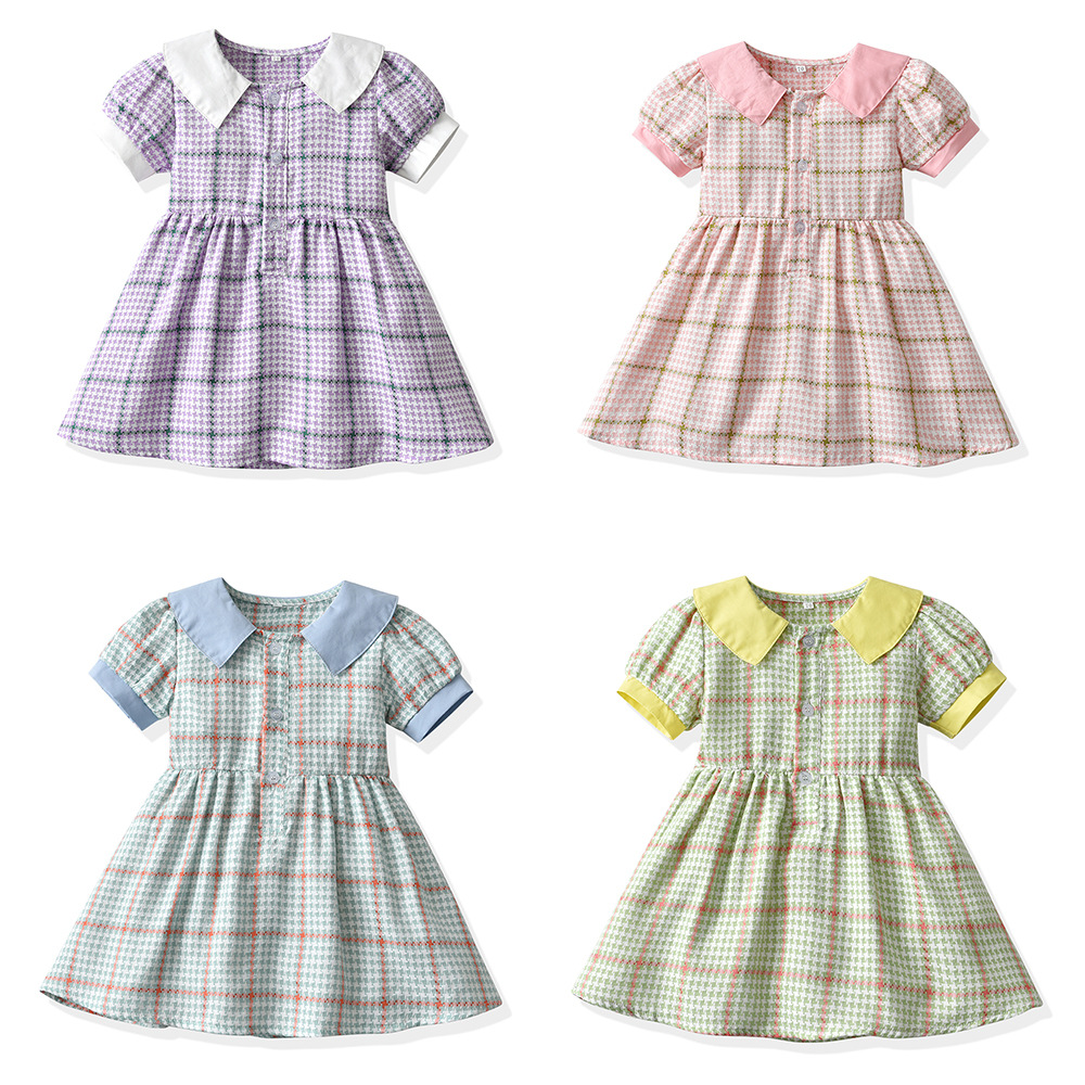 New Girls Skirt 2025 Summer Plaid Lapel Bubble Short Sleeve Waist Princess Skirt Korean Style Cute Dress