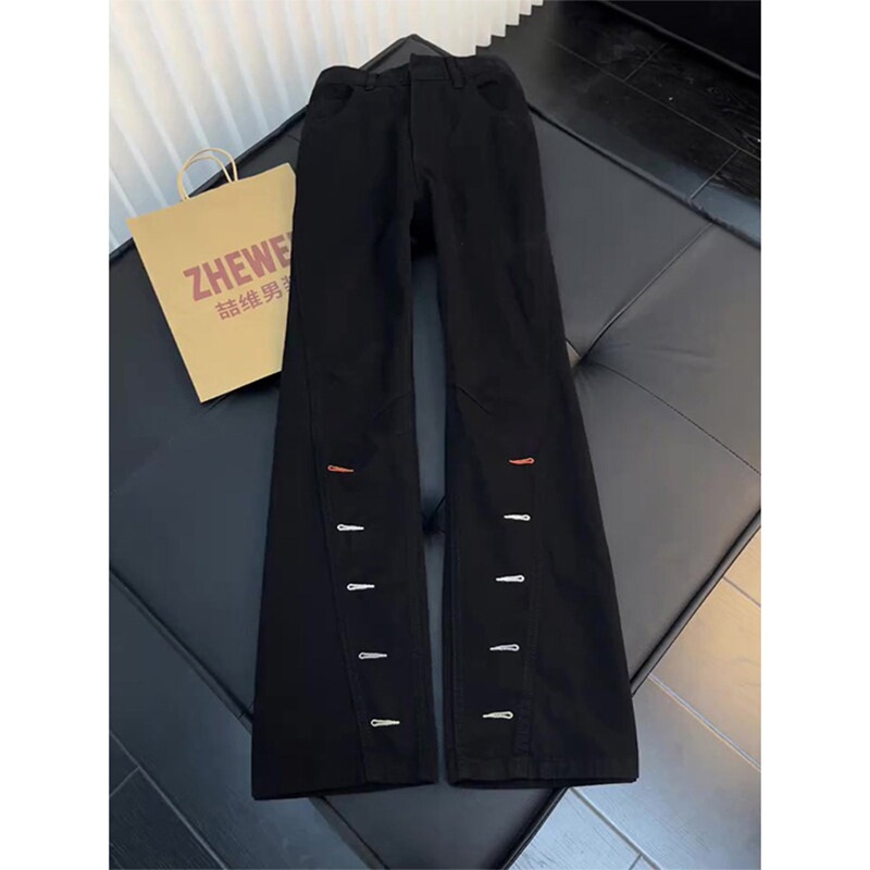 Black Trendy Brand Embroidered Flared Jeans for Men, Spring American Vibe Style Pants, Slim Fit Straight Pants