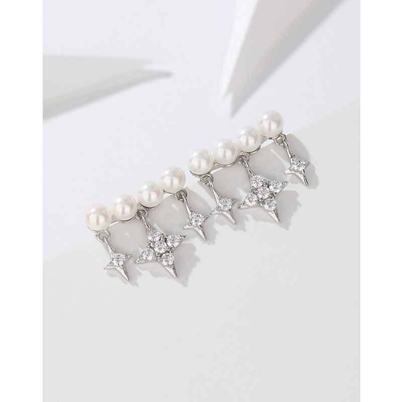 925 pendientes de perlas de plata esterlina Luz de lujo de alto grado de la vendimia borla diamante completo cuatro Awn estrella pendientes nicho de la joyería del oído