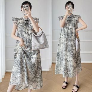 Maternity Wear Summer 2025 New Chinese Style New Chinese Style Disc Buckle Ink Painting Mid-Length Small Flying Sleeves Slim Dress