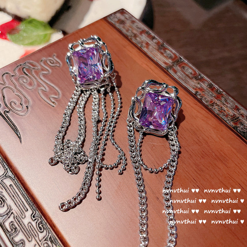 포도 보라색 지르콘 비대칭 체인 귀걸이 한 쌍