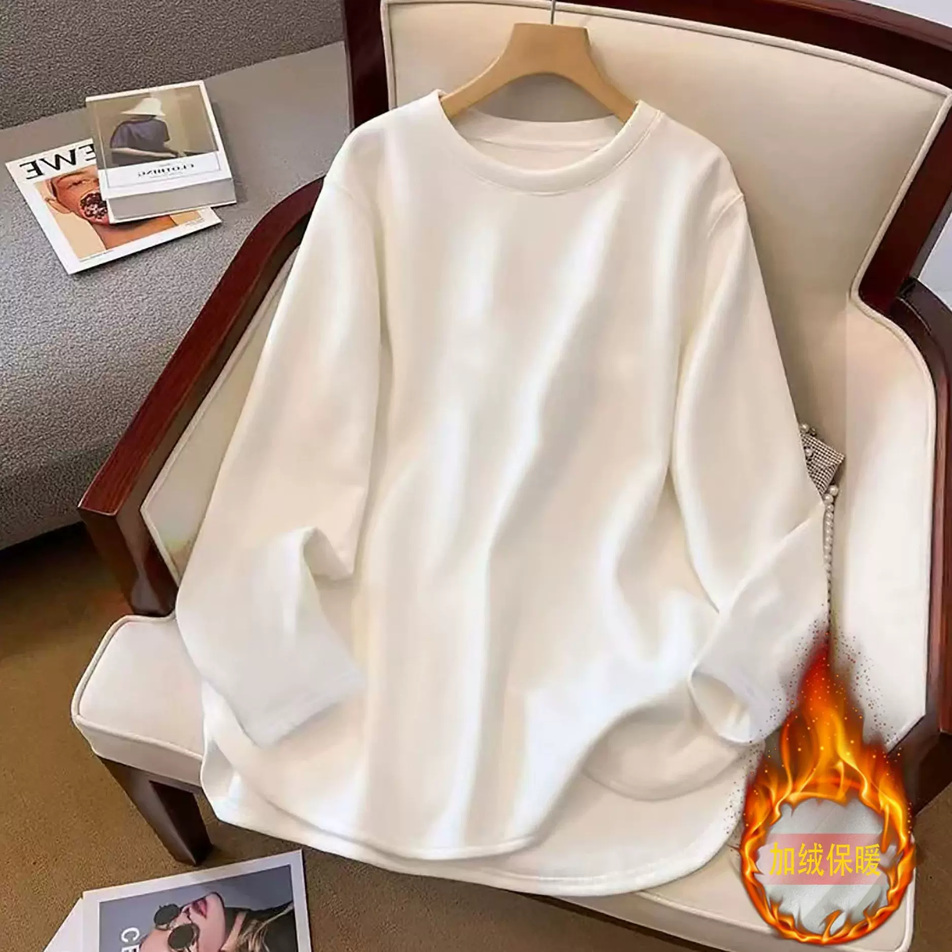 韩版宽松白色加绒开叉长袖T恤女春秋冬季新款休闲风中长款上衣潮