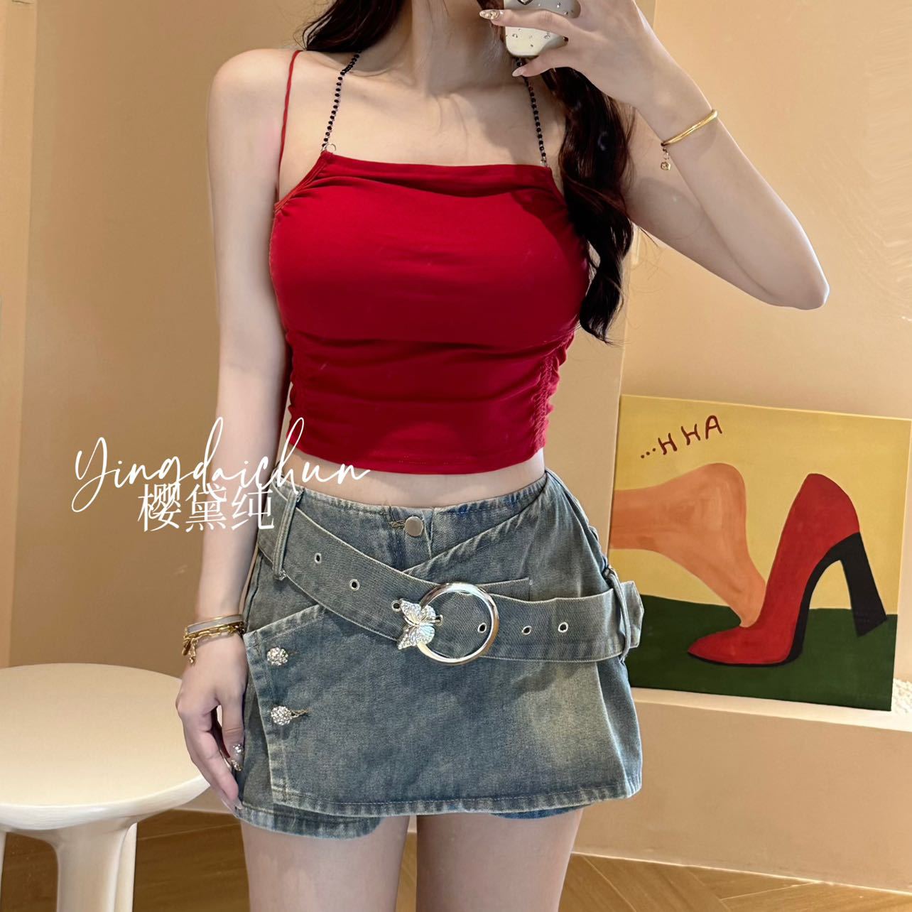 Hot Girl Dopamine Beauty Vest for Women Summer Thai Chain Cross Pleated Sling with Chest Pad for Women to Wear Outside the Item