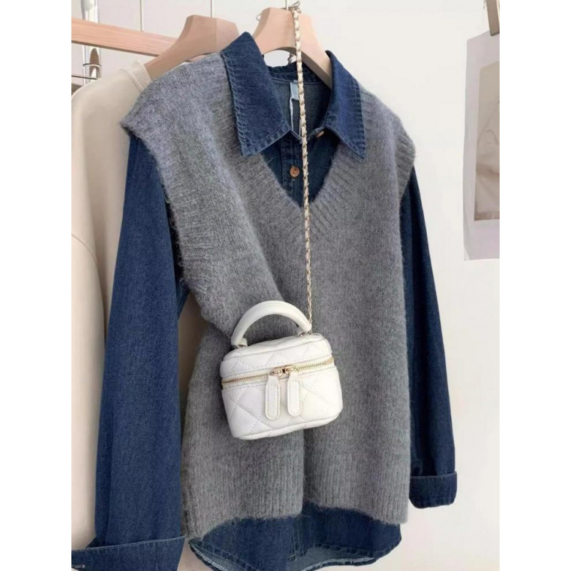 Corea del otoño chaleco de punto para mujeres 2025 nuevo estilo universitario camiseta de punto de cuello V suéter chaleco de mujer plegado con hombros