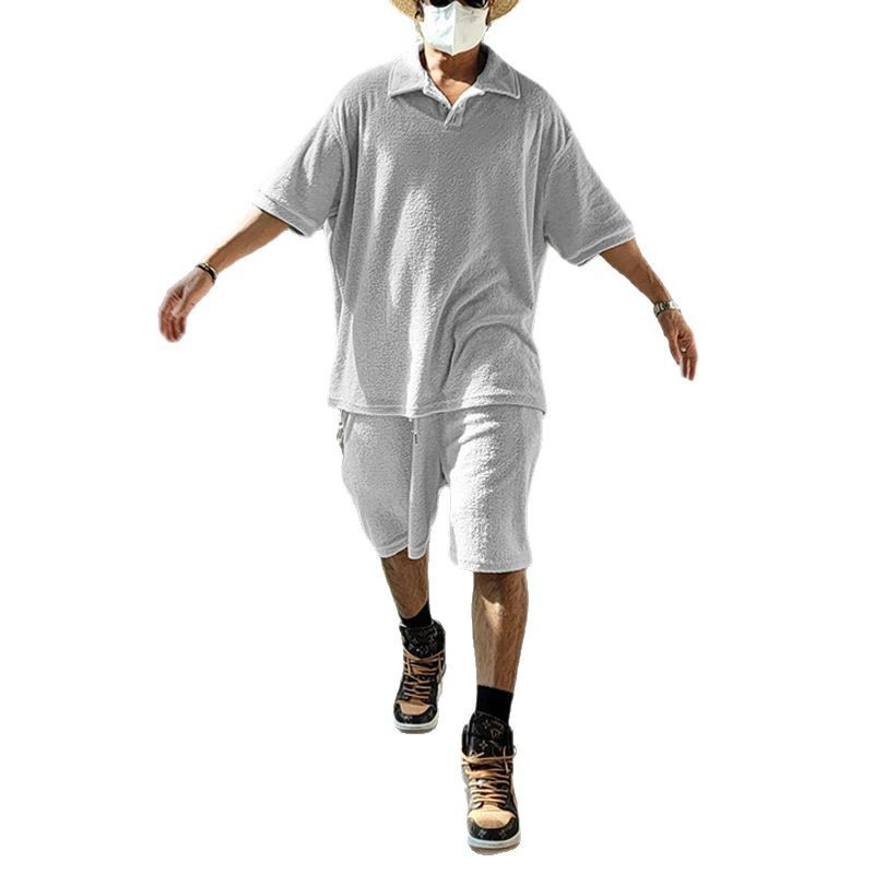 Camiseta de solapa de los hombres transfronterizos camisa de polo traje deportivo Toalla de verano para hombres pantalones cortos de manga corta sueltos conjunto de dos piezas
