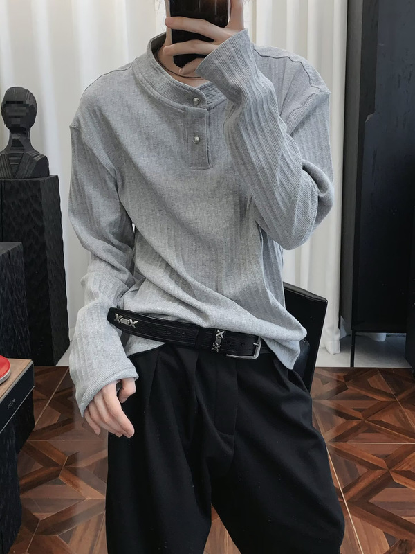 American-Style Henley Collar Long-Sleeve Knit Sweater for Men, Autumn Vintage Old Money Style Boxy Regular Shoulder Polo Shirt Base Layer