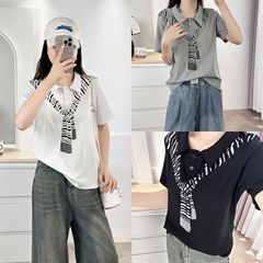 100kg ファットシスター夏の新韓国ファッション気質ポロ襟プリント半袖大きいサイズカジュアル Tシャツ 7479