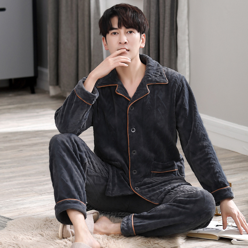 Pijamas de hombre para hombre Otoño e Invierno coral fleece cardigan cálido invierno forrado de lana engrosada franela traje de hombre