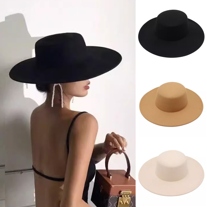Cross-border Special for Autumn and Winter Flat-top Wool Top Hat Big Brim All-match Felt Hat Women's Jazz Hat French Hepburn Style