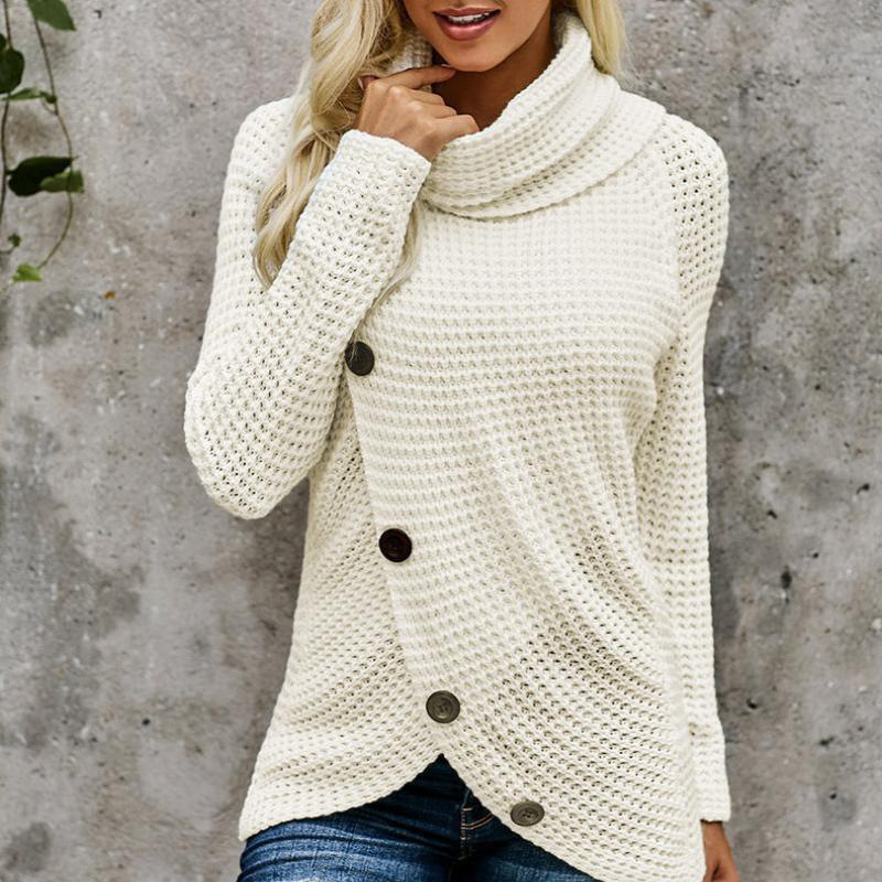 Suéter Amarillo Nuevo de Otoño 2023, Estilo Transfronterizo, con Botones, Cuello Alto, Color Sólido, de Manga Larga, Tejido, Informal y Versátil para Mujer