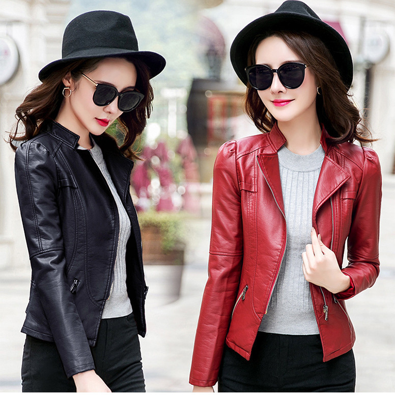 Small Leather Jacket Women's short slim Pu motorcycle jacket spring European station suit jacket top