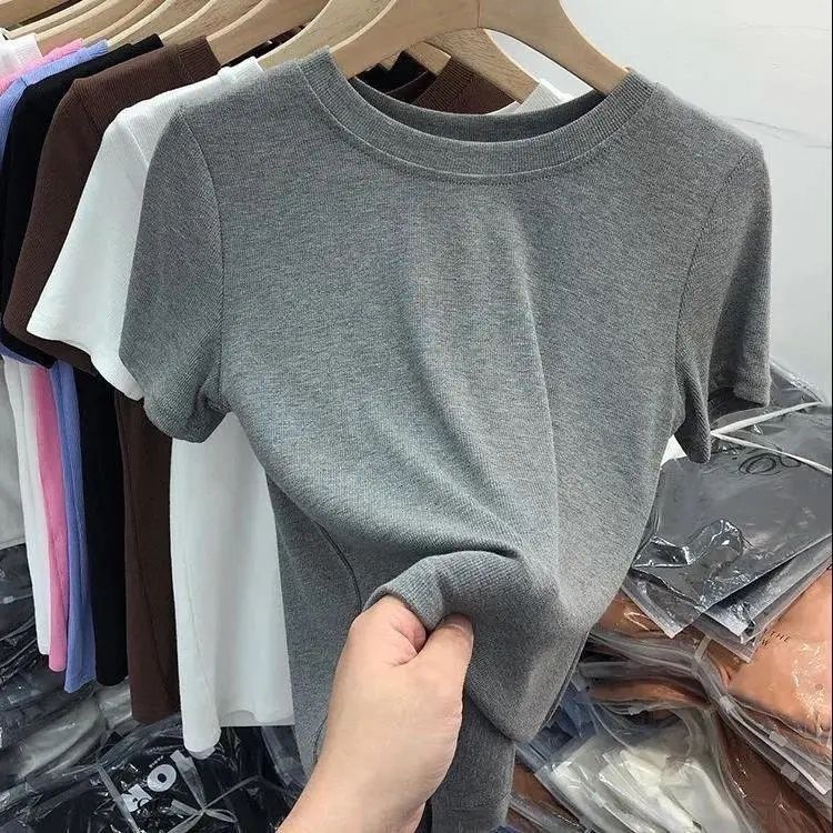 ソリッドカラーフェイシャルマスクTシャツレディース半袖2024夏新作フレンチスリムフィットデザインボトリングシャツトップ|undefined