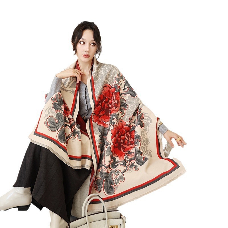 Peony scarf for women in winter, Chinese style double-sided jacquard shawl, warm thick outer layer, photo outfit give to_voghion.com