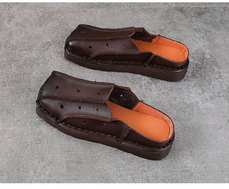 Dép sandal nữ bít mũi đế bệt da mềm phong cách cổ điển — màu nâu chi tiết 15