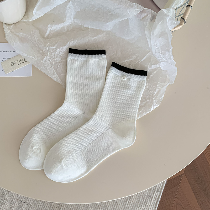 春秋季袜子女日系拼色中筒袜简约珍珠饰品无骨袜竖条灰色堆堆袜|undefined