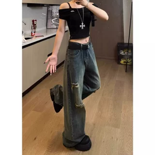 蓝色竹节纹破洞弯刀牛仔裤男春秋季新款美式vibe裤子高个子微喇裤