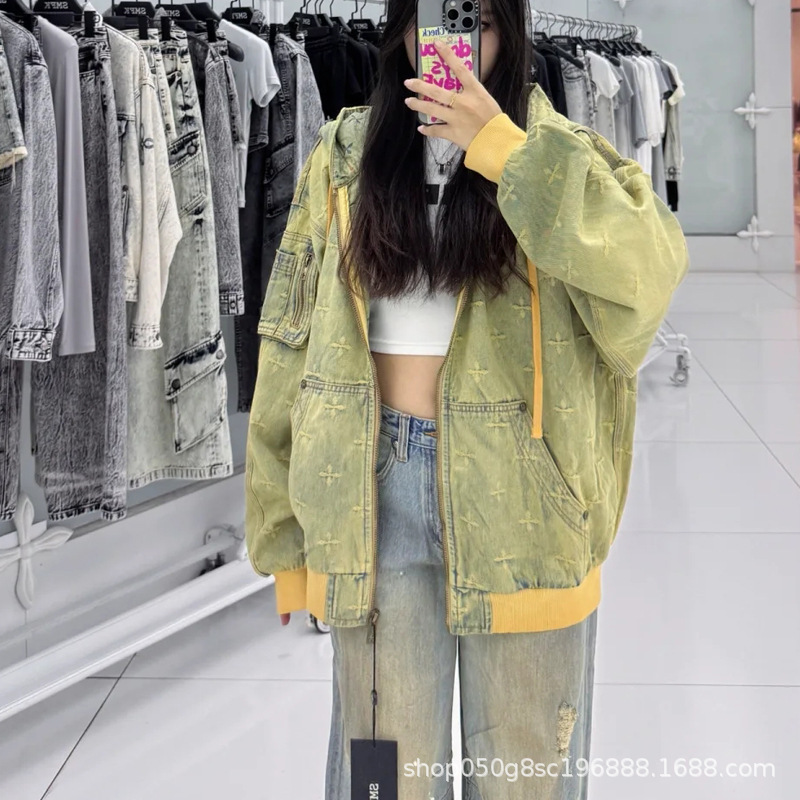 SMFK神殿花园牛仔阔身帽衫时尚重工抽绳上衣提花复古外套2025女秋|undefined