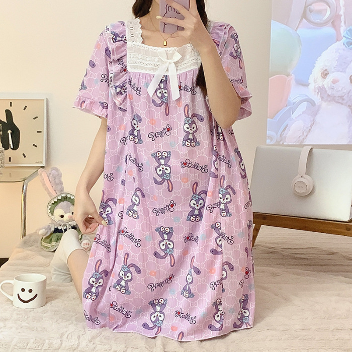 Verano de manga corta camisón de encaje de la muchacha pijamas princesa estilo suelto más tamaño de dibujos animados ropa para el hogar al por mayor