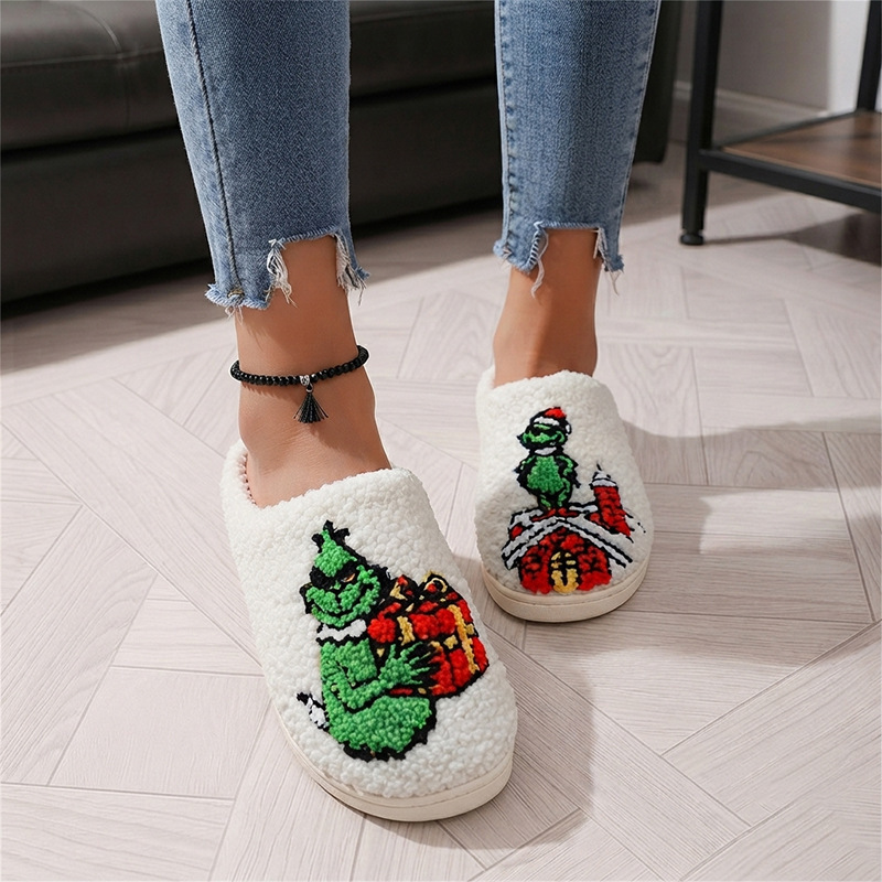 New Christmas Grinch cotton slippers for men and women, cute cartoon home anti-slip couple indoor cotton slippers for autumn and winter