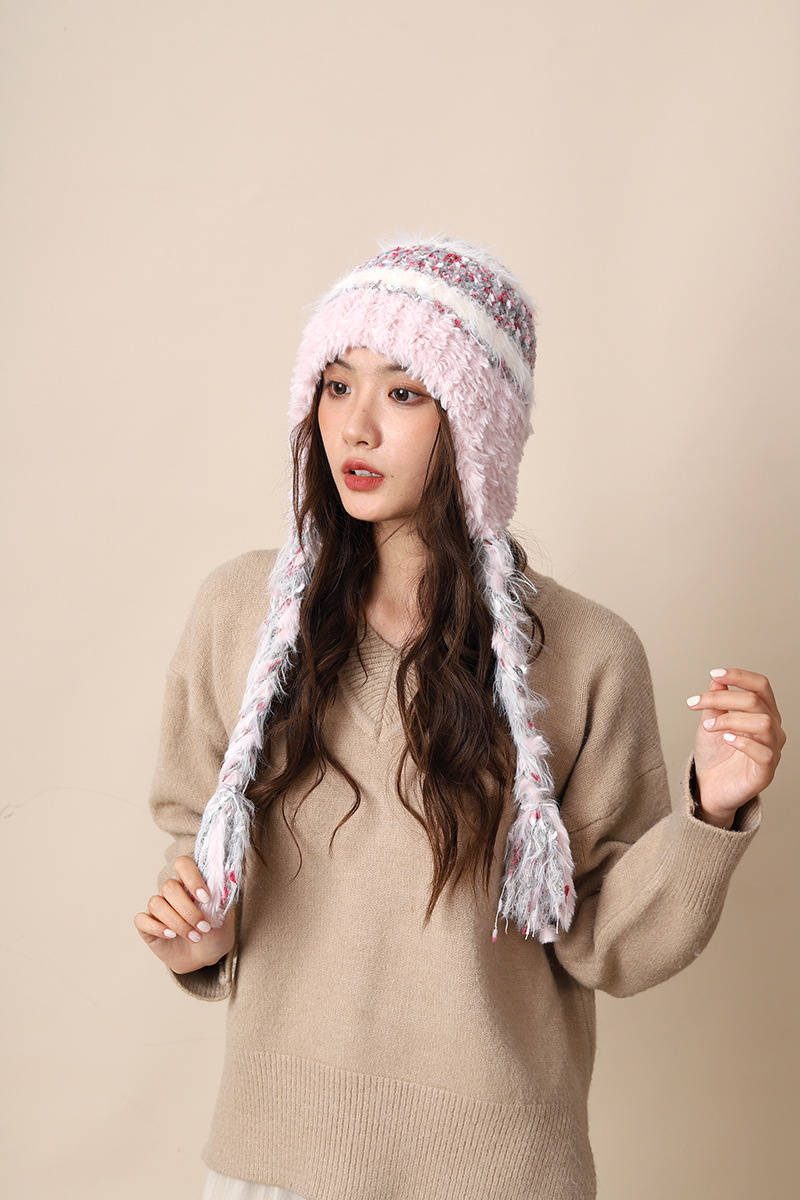 Cappello di lana lavorato a maglia con lacci colorati per donna autunno inverno nuovo caldo protezione per le orecchie e fascia per la testa a strisce colorate_voghion.com
