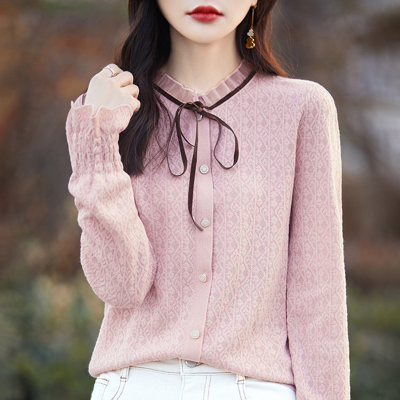 Early Spring Worsted Wool Cardigan Women's 2024 New Lace Collar Hollow Shirt Lace Base Shirt Long Sleeve Top