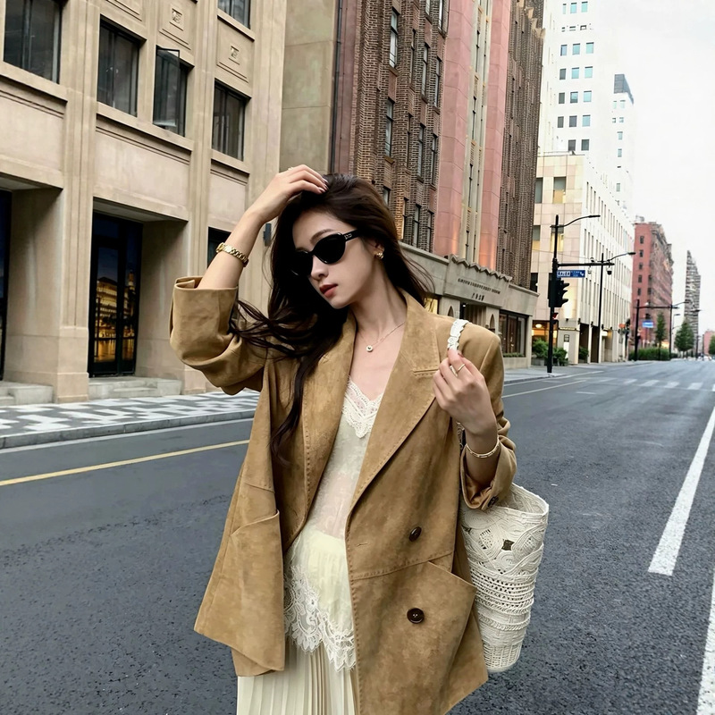 MUKO retro khaki suede knit jacket, women's autumn loose-fitting casual short coat with a sophisticated look