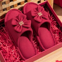 婚慶可愛結婚拖鞋喜慶紅色一對四季亞麻情侶新婚新娘陪嫁拖鞋批發
