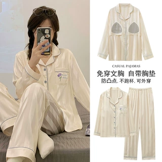 带胸垫春秋季冰丝长袖开衫睡衣女可爱卡通仿真丝加大码家居服套装