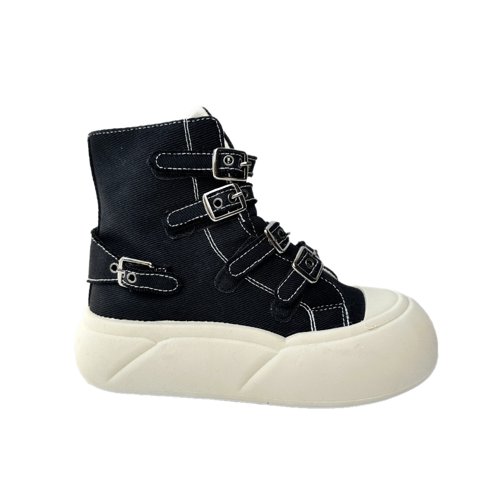 YuanWa, zapatos de lona casuales de suela gruesa para mujeres, 2025 nuevos zapatos de hebilla de primavera y otoño, zapatos blancos de alta altura.