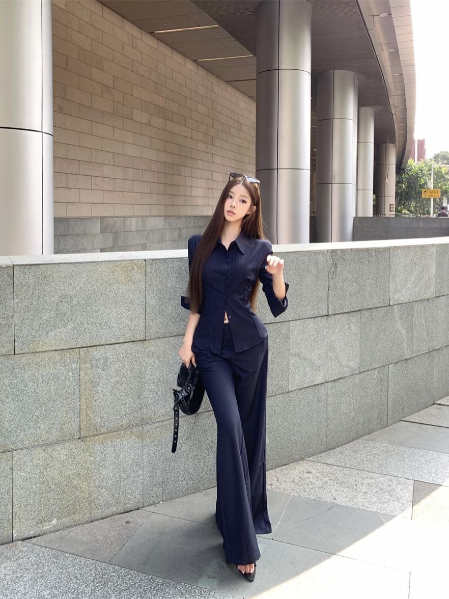 GraceChic GraceChic Elegant Sister Style With Collared Long Sleeve Striped Shirt And Flared Casual Pants For Women In Autumn Two-Piece Set_voghion.com