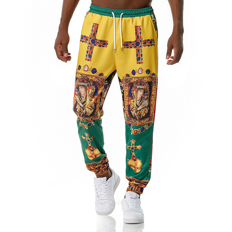 New European and American Style Men's Lace-Up Retro Printed Jogger Casual Pants with Pod Customization
