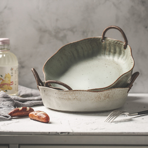 Jingdezhen coarse pottery hemp rope portable fruit plate Japanese bowl plate retro household high temperature ceramic dessert plate creative tableware