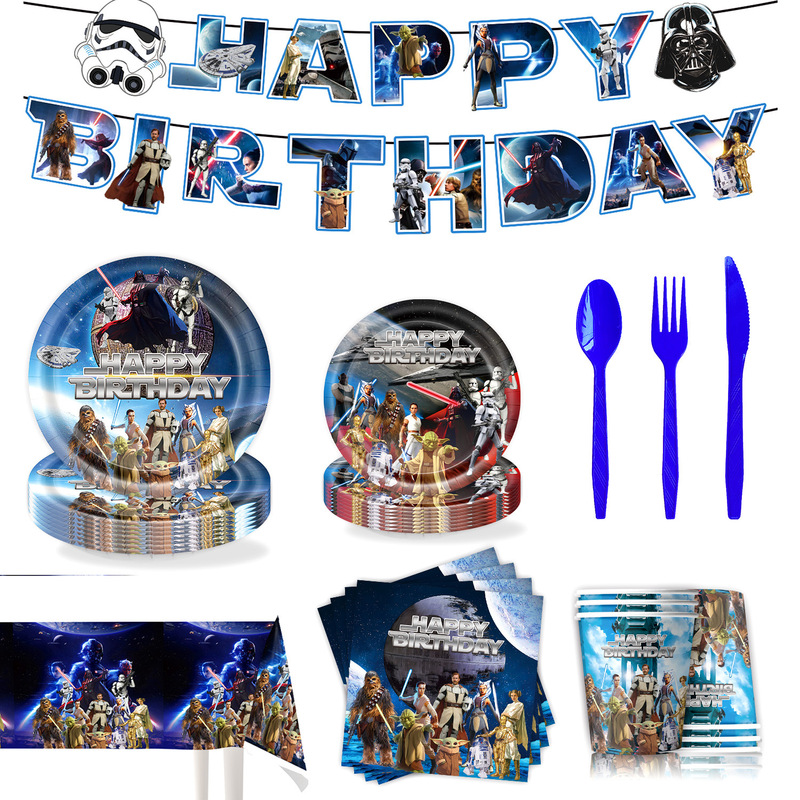 New Star Wars Themed Birthday Party Tableware Paper Plates and Cups for Boys and Kidsren Cartoon Birthday Scene Decoration