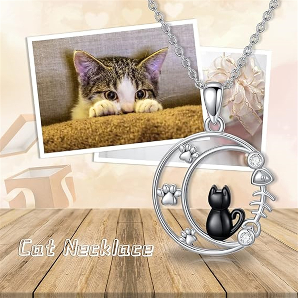 Nieuwe prachtige sieraden, creatieve, eenvoudige maan, schattige kittenvoetafdrukken, visgraathanger, ketting, damesaccessoires_voghion.com