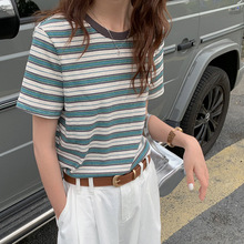 黎诺撞色条纹短袖T恤女2024夏季新款韩系休闲设计感减龄上衣