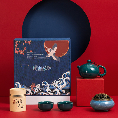 批发国潮陶瓷香炉哥窑茶具套装檀香礼盒节日礼品年会活动礼品定制