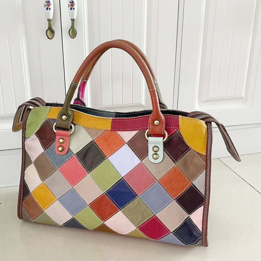 European And American Style Motorcycle Bag For Women, Genuine Leather Handbag, Colorful Cowhide Quilted Patchwork Shoulder And Crossbody Bag - Thumbnail 2