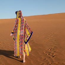 新款民族风印花连帽防晒衣大袖飘逸开衫薄斗篷长款旅拍沙漠衫f500