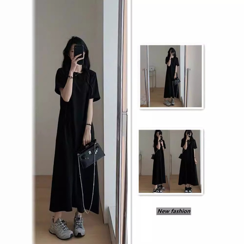 Summer 2025 New Over-the-Knee Long Skirt chubby girl Short-sleeved T-shirt Women's Loose Slimming Dormitory Casual Black dress Summer 2025 New Over-the-Knee Long Skirt chubby girl Short-sleeved T-shirt Women's Loose Slimming Dormitory Casual Black dress
